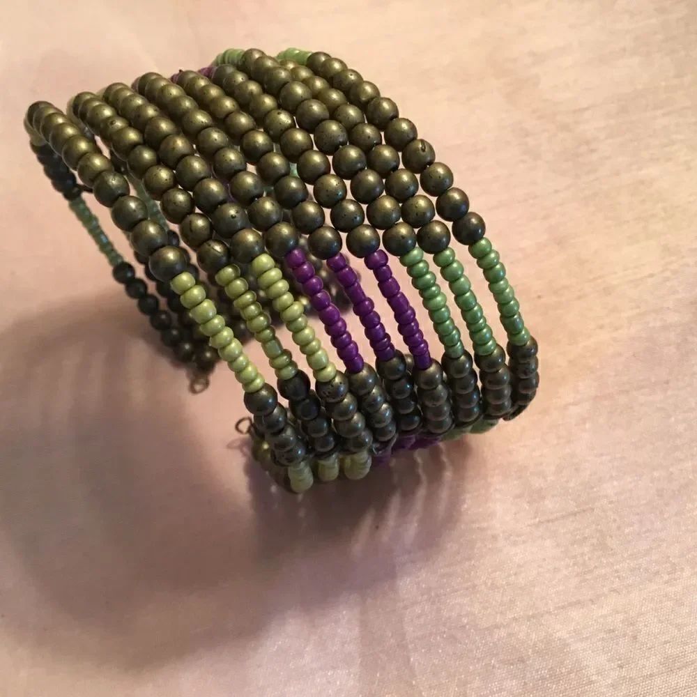 Purple, Green and Brasstone Beaded Cuff Bracelet